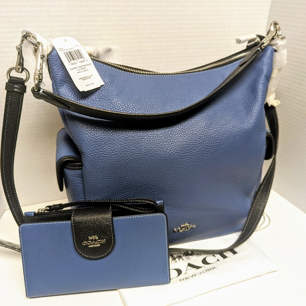 Coach Pennie Silver/Sky Blue Multi Shoulder Bag with Matching Wallet Rare $756